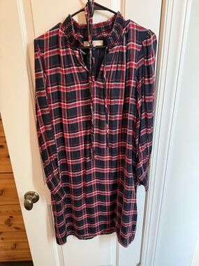 LOFT Navy Red Plaid Long Sleeve Tunic Dress